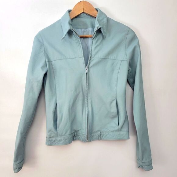 Vintage Baby Blue Leather Bomber Jacket - Picture 1 of 13